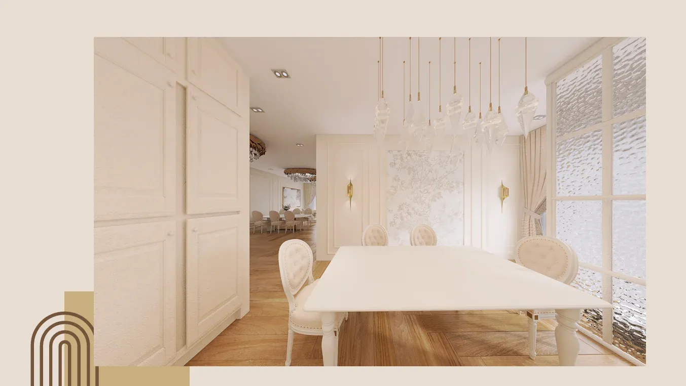 Metropol kitchen visualisation with a dining area and decorative lighting